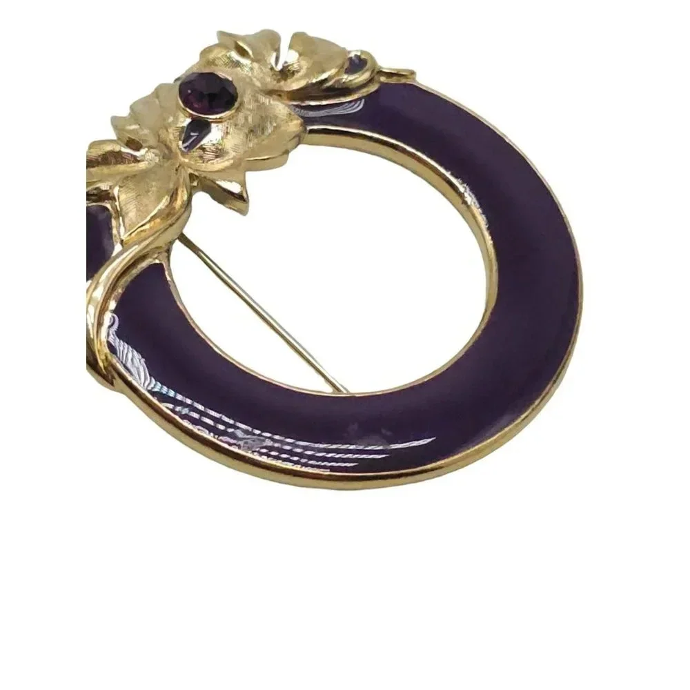 Purple Enamel Rhinestone Open Floral Wreath Brooch Pin Gold Tone Vintage